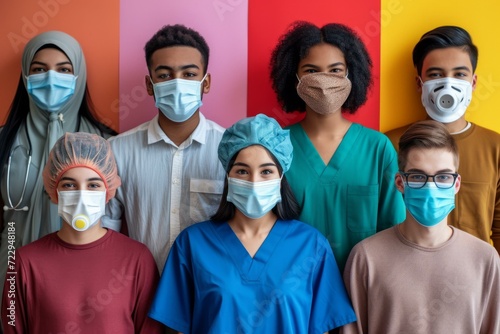 A group of diverse young people wearing surgical masks
