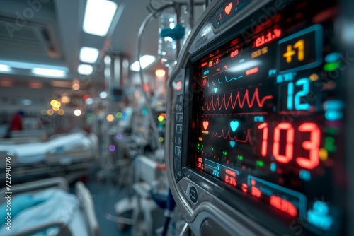 Patient monitor displaying vital signs in hospital ward photo