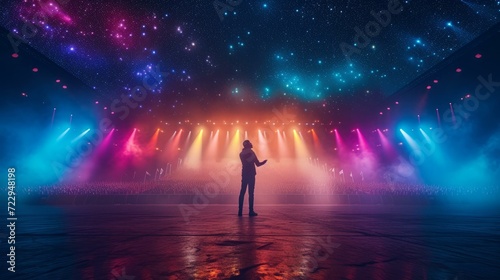 The singer is standing on the stage and singing with a starry sky in the background photo