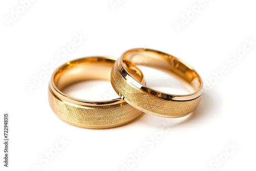 Two golden wedding rings on white background