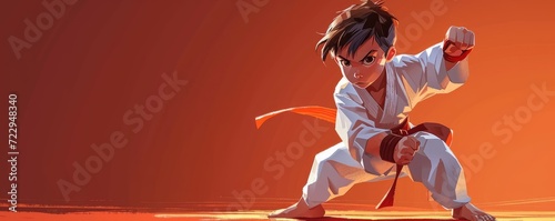 cartoon style young martial arts player boy in challenge pose for training and success at self defense sports like karate , kung fu and judo championships as wide banner with copy space, Generative AI