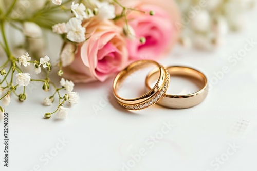 Two golden wedding rings with rose flowers on white background