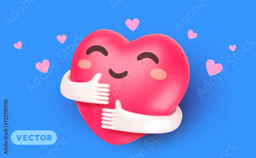 Vector cartoon illustration of cute happy heart character with smile and hand hugging self on blue background. 3d style design of self care and love yourself. Embrace heart symbol for world day