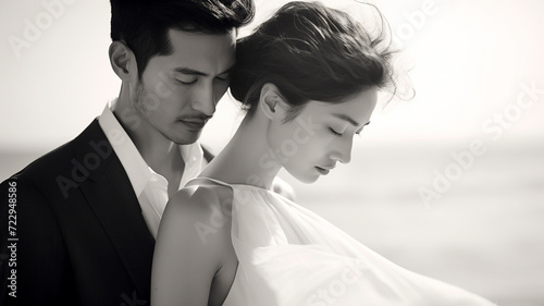 beautiful bride and groom embracing on the background of the sea. Black and white photograph, empty beach, clear facial features.