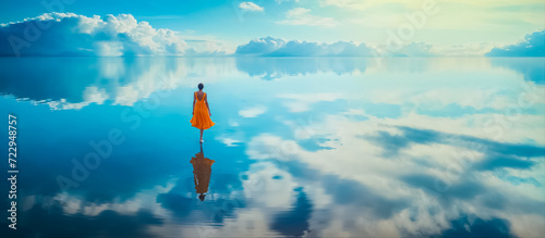une femme en robe jaune marche sur une étendue d'eau qui reflète son corps et les nuages photo