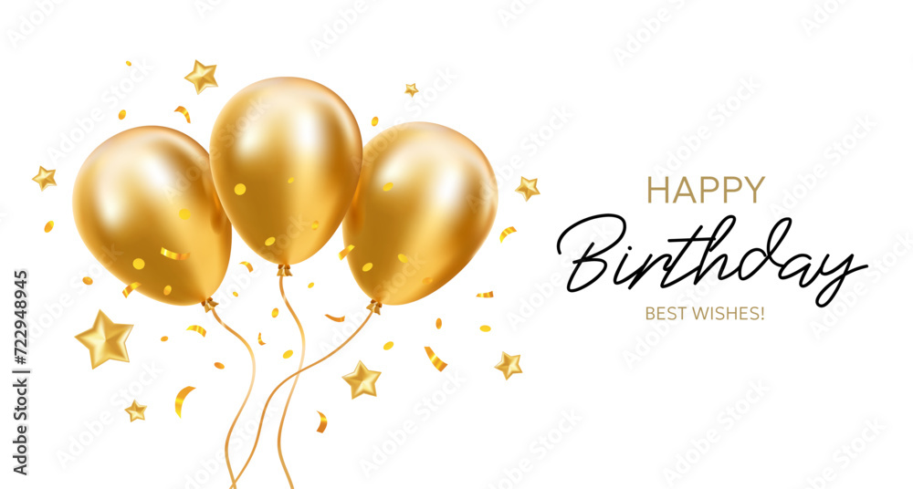 Vector happy birthday illustration with bunch of golden air helium balloon with star and text on white background. 3d realistic holiday template design of flying balloon