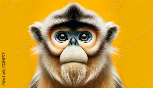 A close-up front view of a Tonkin snub-nosed monkey (Rhinopithecus avunculus) on a yellow background photo