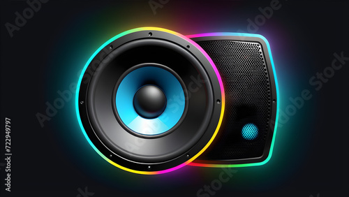 audio speaker icon 3d. The loudspeaker is isolated on a black background. Modern powerful audio speaker. With black copy space photo