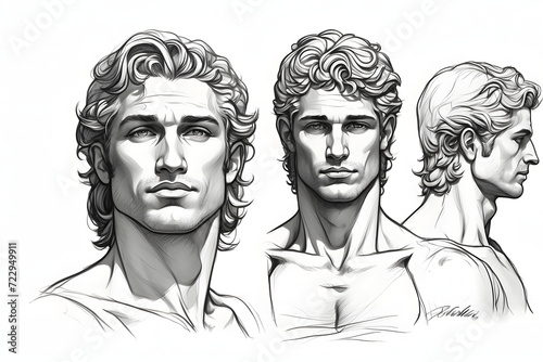 Front view of aesthetics Adonis portraits illustration on white background
