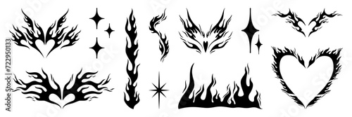 Set of y2k flame elements, star, fire and heart shape. Tattoo art hand drawn stickers. Aesthetic of 90s, 2000s. Vector isolated illustration.