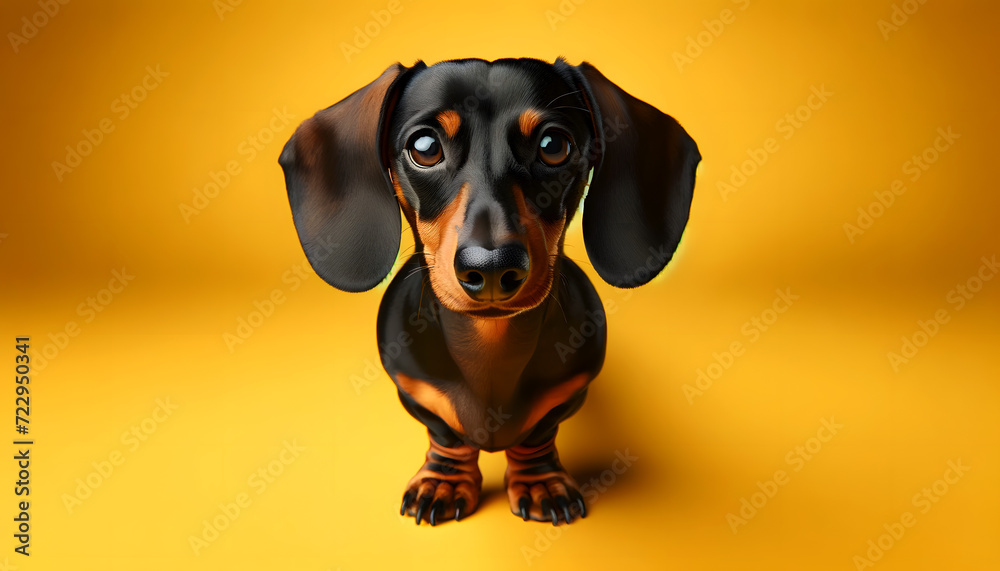 A close-up front view of a dachshund on a yellow background