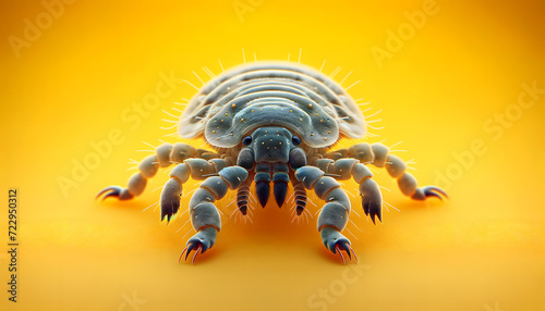 A close-up front view of a louse on a yellow background