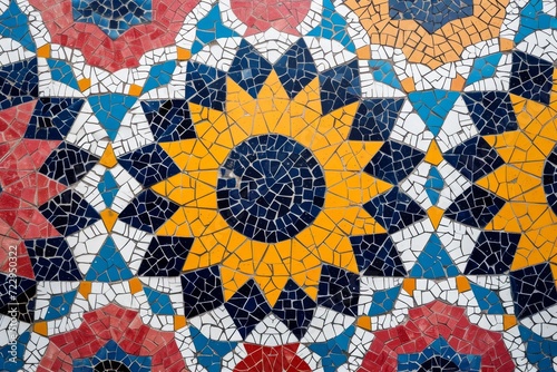 Red and blue tiles create contrasting elements that enhance the visual appeal of the mosaic