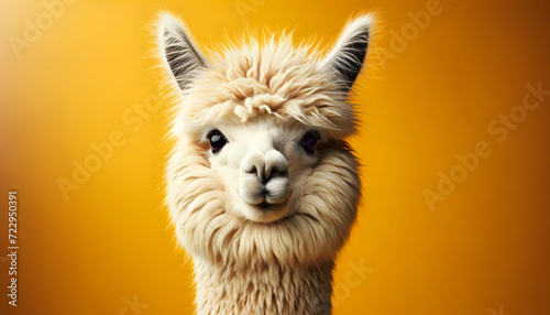 A close-up front view of a alpaca on a yellow background © Massimo Todaro