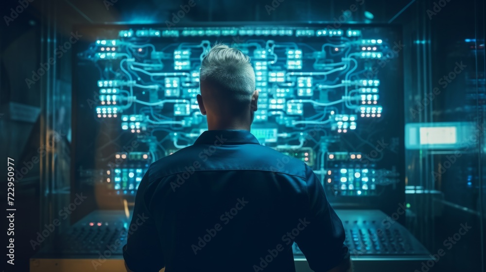 Engineer looking to work in the electrical control room. Neural network AI generated art Engineer looking to work in the electrical control room. Neural network AI generated art