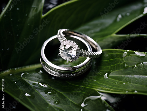 Gold rings delicately placed on a vibrant bouquet of flowers with water droplets, showcasing a blend of luxury, nature, and love,Generative Ai