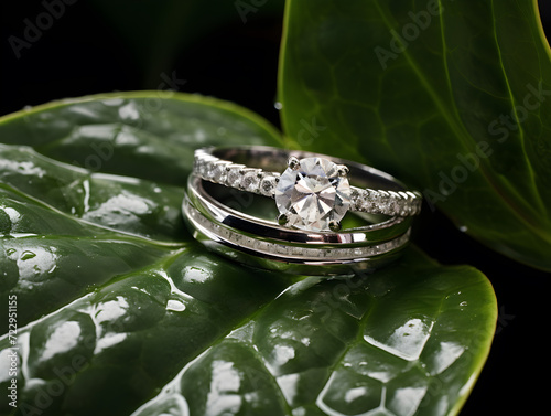 Gold rings delicately placed on a vibrant bouquet of flowers with water droplets, showcasing a blend of luxury, nature, and love,Generative Ai