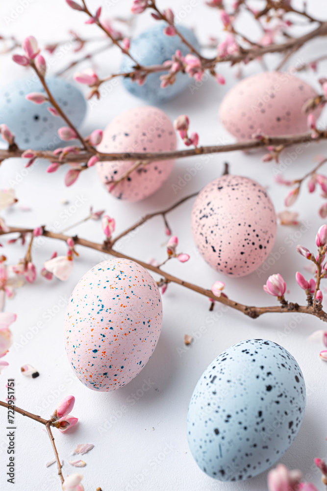Pastel-colored easter eggs rests beside a blooming branch, a whimsical symbol of new beginnings and the beauty of spring