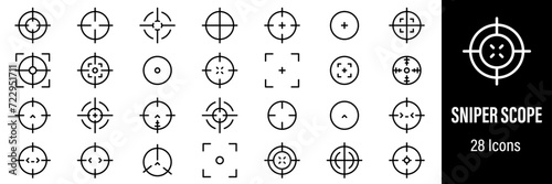Sniper Aim Web Icons. Sniper Crosshair, Sniper Target, Military Sniper Scope, Optical, Bullseye. Vector in Line Style Icons photo