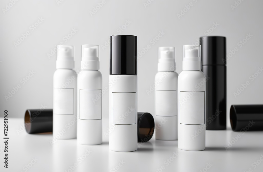 Black and white bottles for cosmetics and personal skin care products are arranged in a row. Empty label template mock up. Blank packaging on a marble white background. Front view. Containers set
