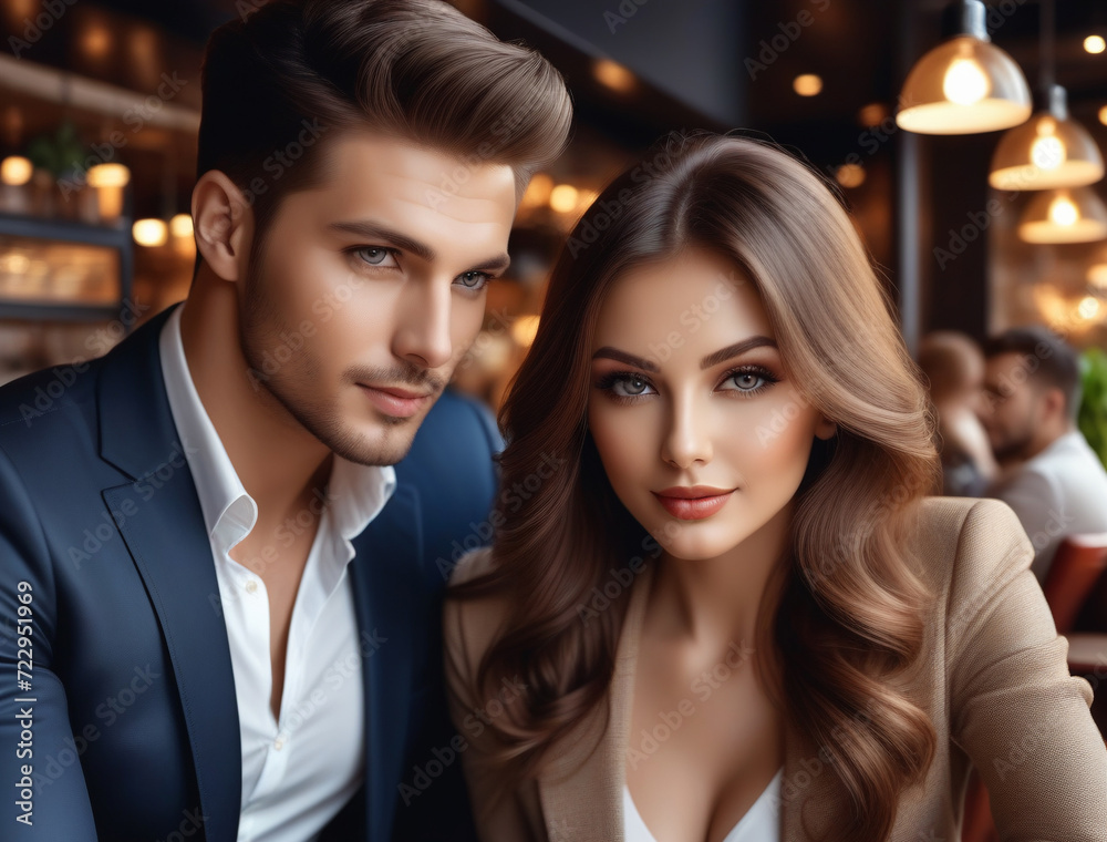 Close up portrait of a young couple having a date at a cafe and drinking coffee. A guy and a girl are sitting at a coffee shop and look at the camera. Close up portrait of a young couple having a date at a cafe and drinking coffee. A guy and a girl are sitting at a coffee shop and look at the camera.