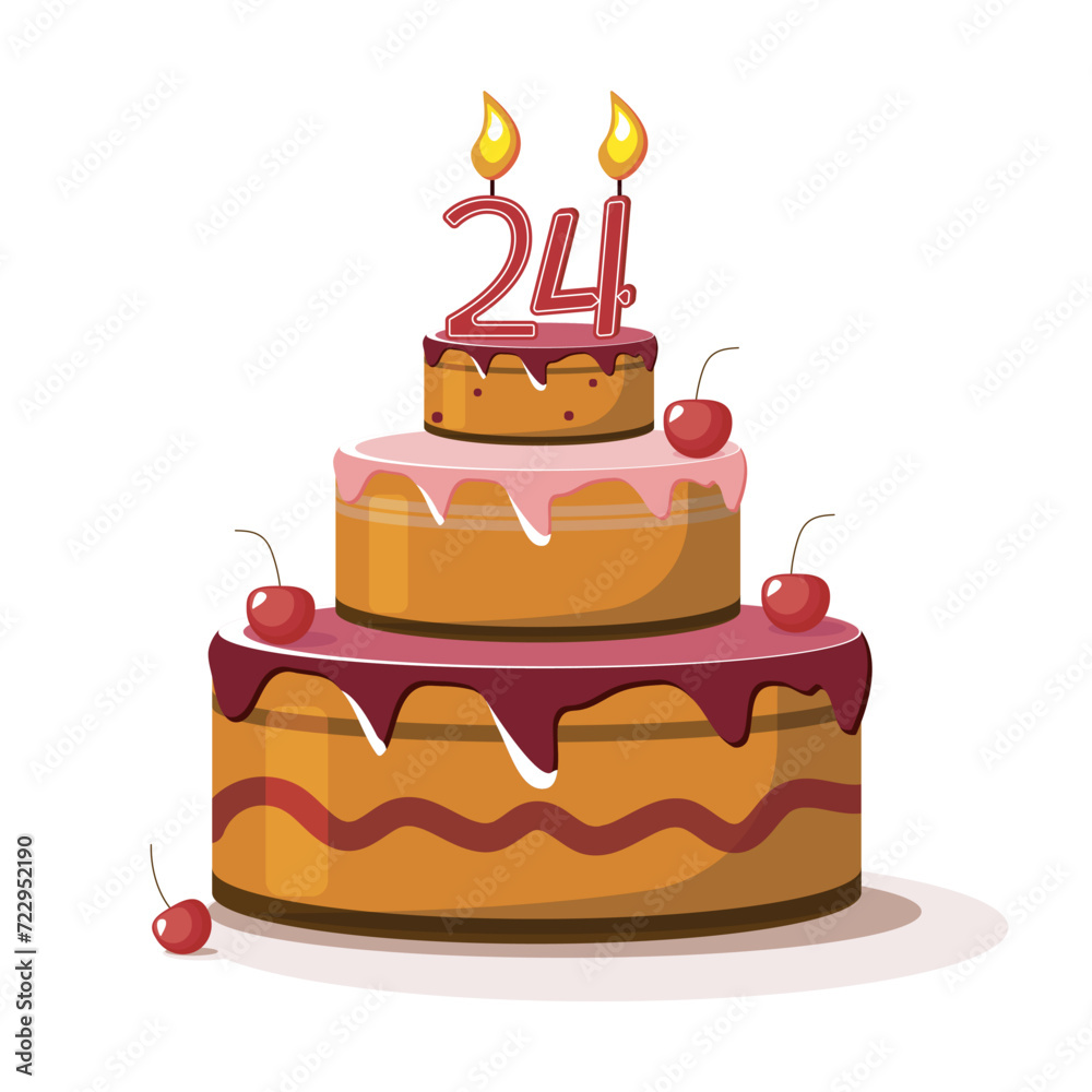 Twenty four year anniversary. Vector birthday cake. Holiday cake with candle. Big chocolate cake. Twenty four year old. Twenty four party. Big delicius cake. Twenty four year anniversary. Vector birthday cake. Holiday cake with candle. Big chocolate cake. Twenty four year old. Twenty four party. Big delicius cake.