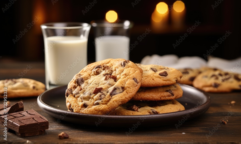 A plate of chocolate chip cookies next to a glass of milk A plate of chocolate chip cookies next to a glass of milk