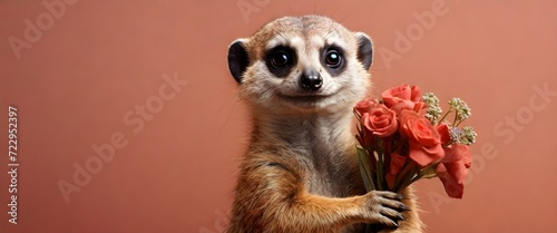 funny meerkat with a bouquet of flowers on a light red background. Generated by AI. For advertising or postcards for birthday, March 8, Valentine's day, international Women's Day, February 14