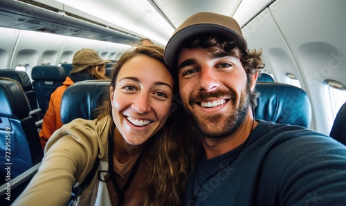 A man and a woman taking a selfie in an airplane