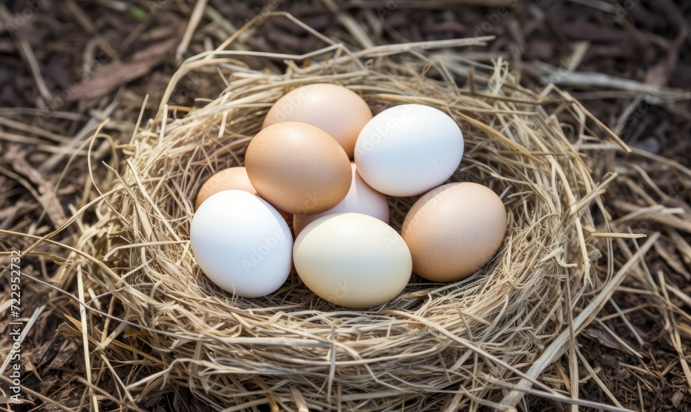 Four eggs in a nest of hay on a wooden table Four eggs in a nest of hay on a wooden table