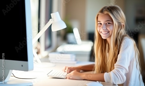 A young girl sitting in front of a laptop computer