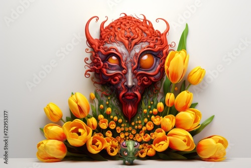 Fancy scary red mask among yellow tulips isolated on gray background