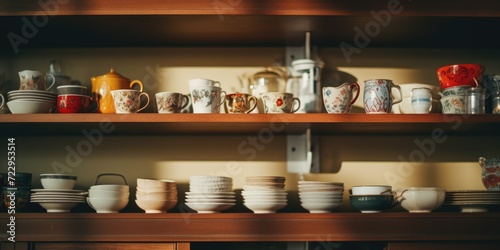 A wooden shelf filled with various dishes and cups. Perfect for kitchen and dining-related designs