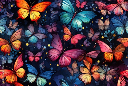 seamless pattern with bright multicolored butterflies and flowers on black neon rainbow background for print on fabric and textiles © alexkoral