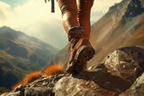 A person standing on top of a rock on a mountain. Perfect for outdoor adventure and hiking themes