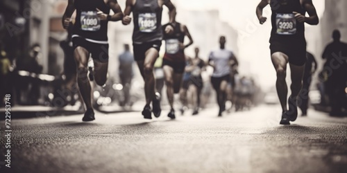 A group of individuals sprinting down a street. This image can be used to depict fitness, teamwork, or a race. photo