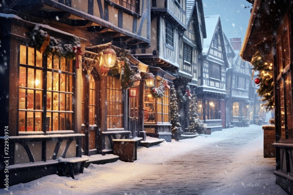 A picturesque snowy street in a charming European village at night. Perfect for winter holiday themes and travel destinations