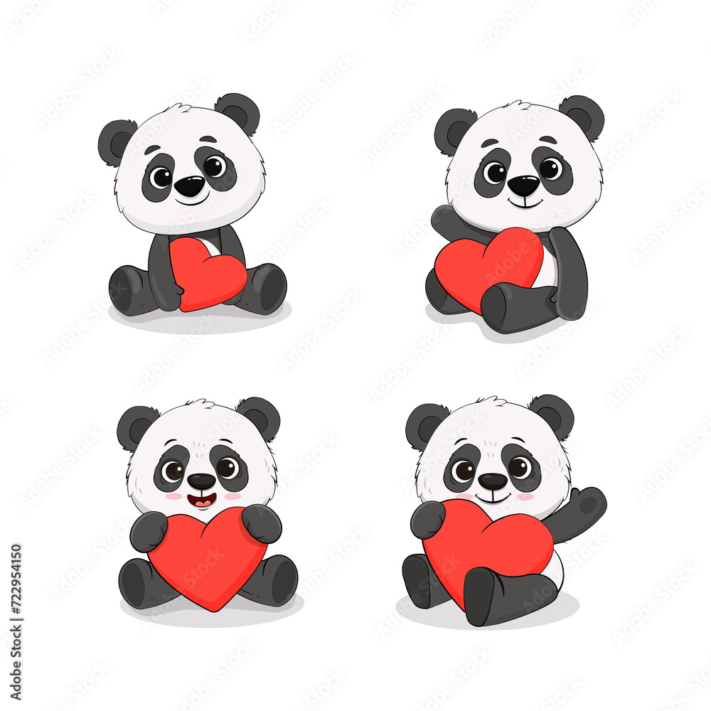 Set of cute cartoon pandas isolated on white.Panda with heart for your design Valentine's Day, birthday, Mother's Day, wedding.