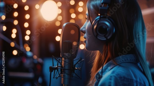 Woman record music album at sound studio. Pretty girl sing song microphone. Professional artist. Voice acting or podcasting concept. Talented podcaster. Radio on air. Live broadcasting. Neon light. photo