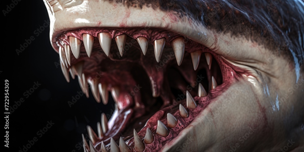 A close-up view of a shark with its mouth wide open. This image can be used to depict the intimidating and predatory nature of sharks