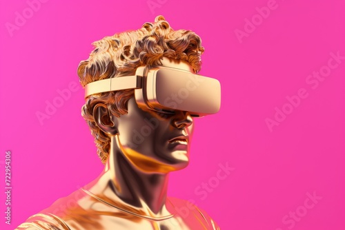 A golden statue wearing virtual glasses. Suitable for technology and innovation concepts