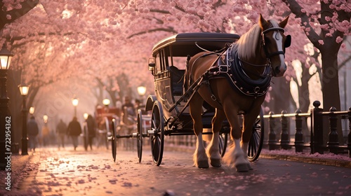 horse and carriage with pink cherry flowers in park 