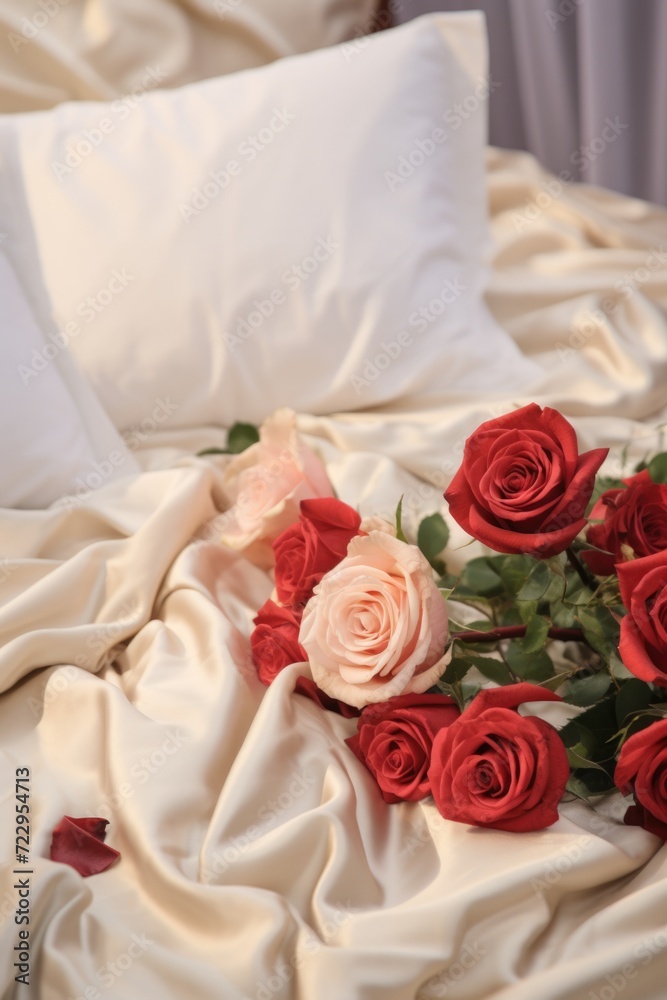 A beautiful arrangement of red and white roses on a bed. Perfect for romantic occasions or floral decoration A beautiful arrangement of red and white roses on a bed. Perfect for romantic occasions or floral decoration