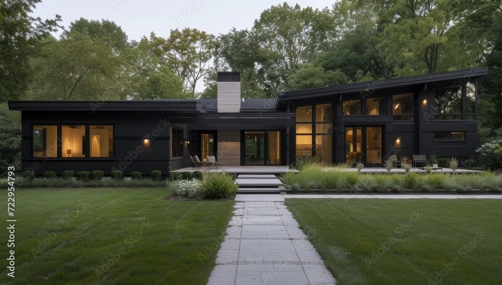 black modern home with front patio and walkway