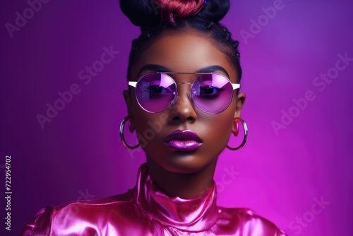 A woman wearing a shiny pink outfit and sunglasses. This image can be used for fashion, summer, or trendy lifestyle concepts