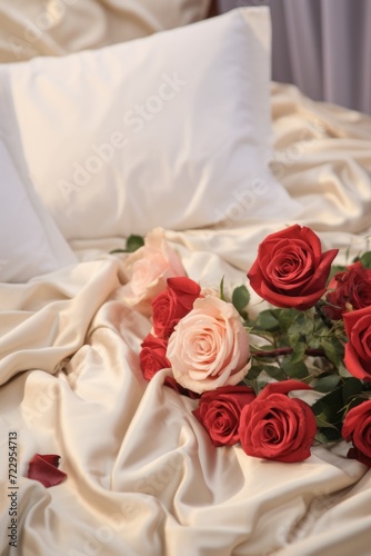 A beautiful arrangement of red and white roses on a bed. Perfect for romantic occasions or floral decoration