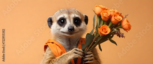 funny meerkat with a bouquet of flowers on a light orange background. Generated by AI. For advertising or postcards for birthday, March 8, Valentine's day, international Women's Day, February 14