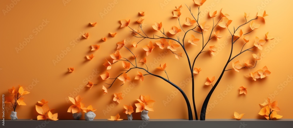 Autumn texture abstract background with shadow of maple tree leaves on light orange color wall