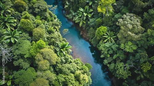 River in rainforest, drone view. Copy space for text. Image of green nature. © Naknakhone