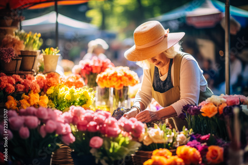 Breathe in the vibrant hues of spring at the Blooming Flower Market. A skilled florist crafts joyous bouquets, perfect for your seasonal projects. Generated AI.